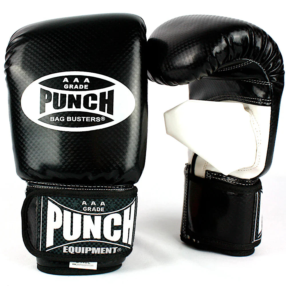 Black boxing gloves with 'Punch' branding on a white background