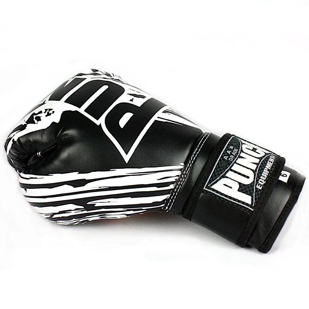 Black and white boxing glove with branding on a white background