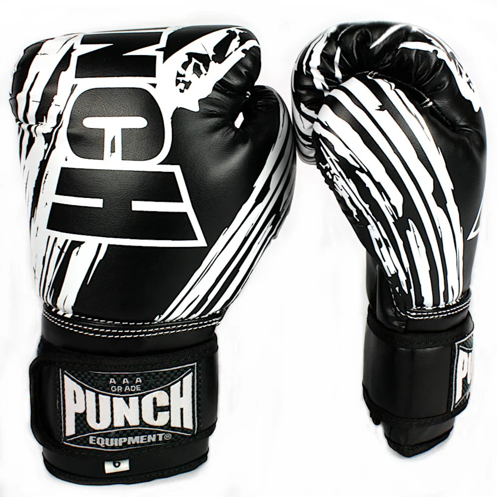 Pair of black and white boxing gloves with 'Punch' branding on a white background