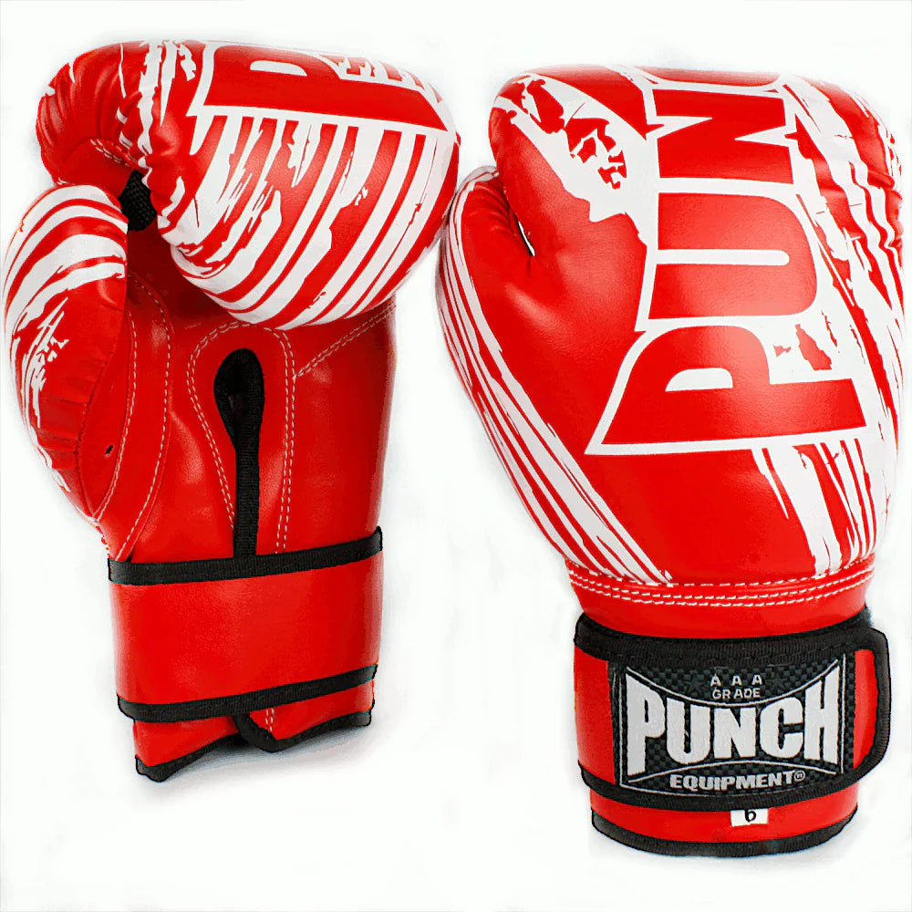 Red boxing gloves with white text on a white background