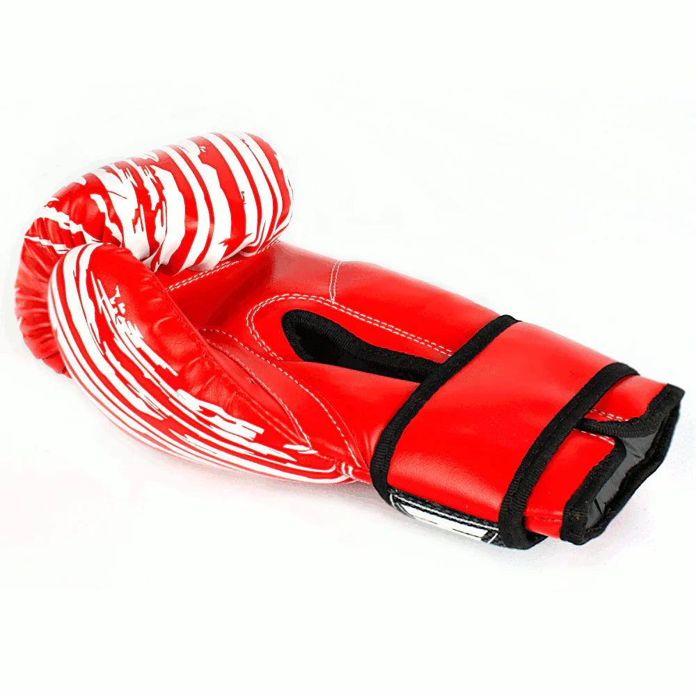Red boxing glove with white stripes on a white background