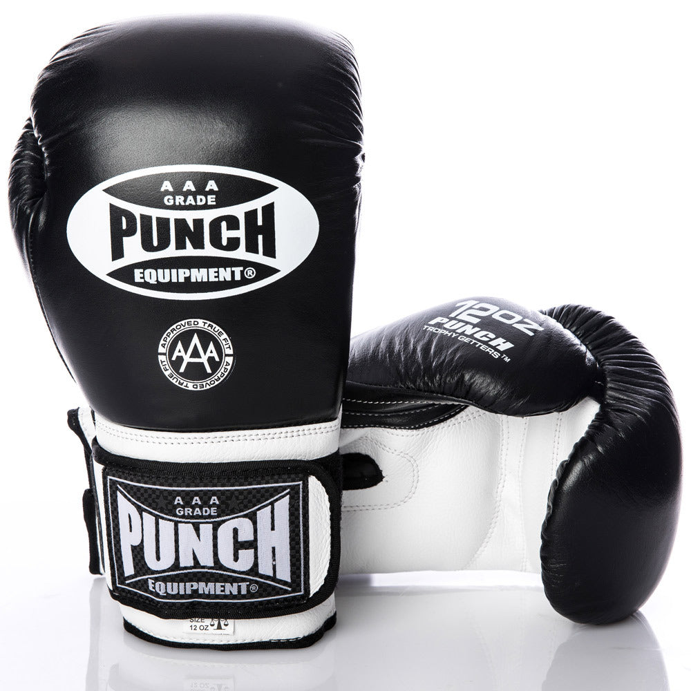 Black and white boxing gloves with 'Punch' branding on a white background