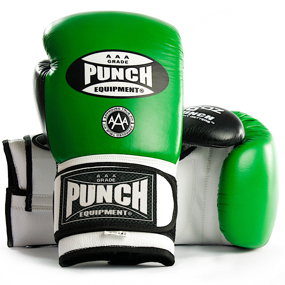 Green and white boxing gloves with 'Punch Equipment' branding on a white background