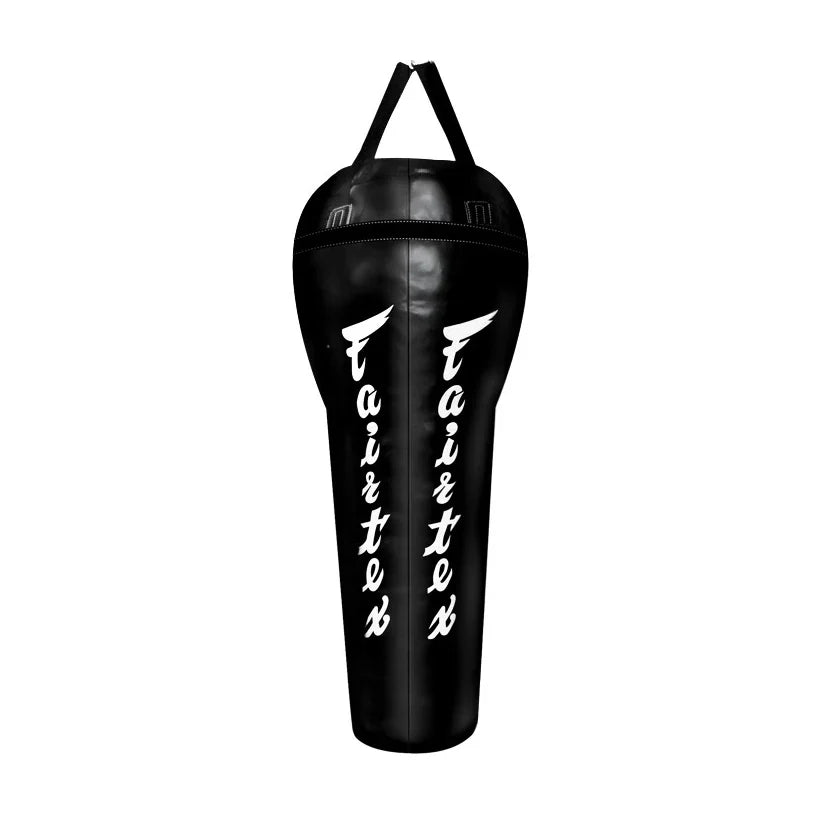 Black punching bag with 'Fairtex' branding on a white background