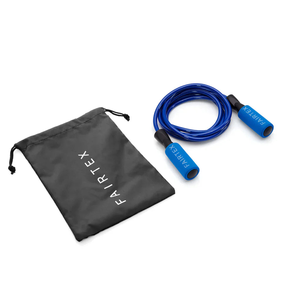 Blue jump rope with black handles and a black Fairtex drawstring bag on a white background