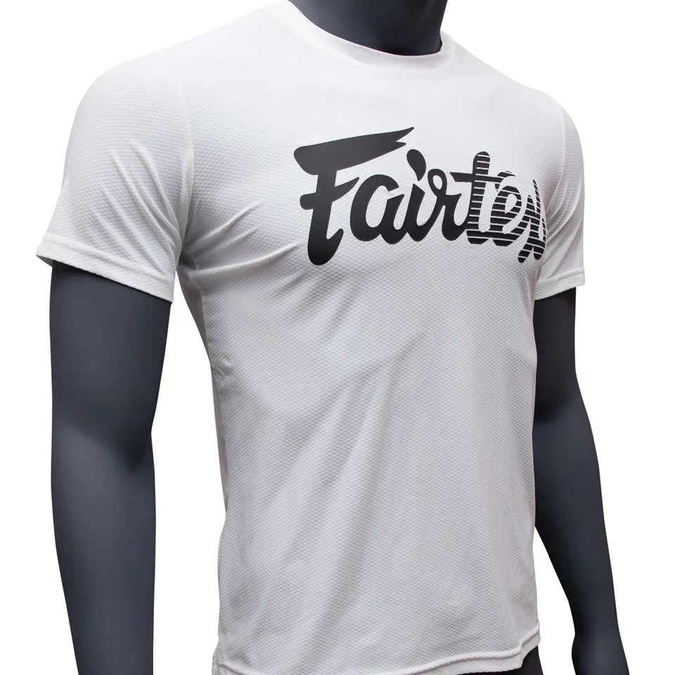 White t-shirt with 'Fairtex' logo on a mannequin against a white background