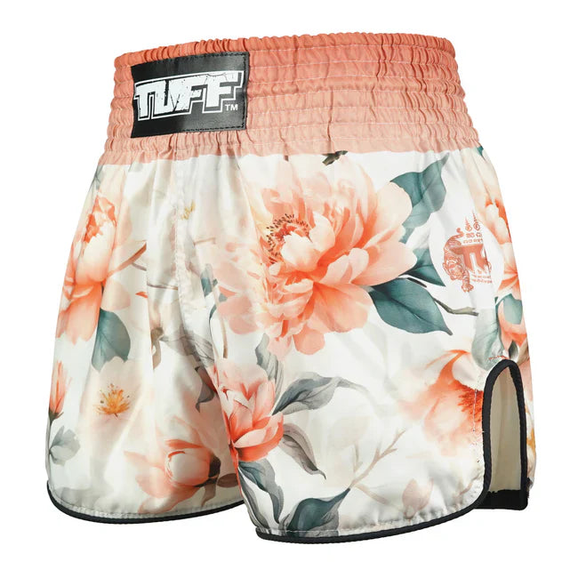 Floral patterned Thai shorts with 'TUFF' branding on a white background