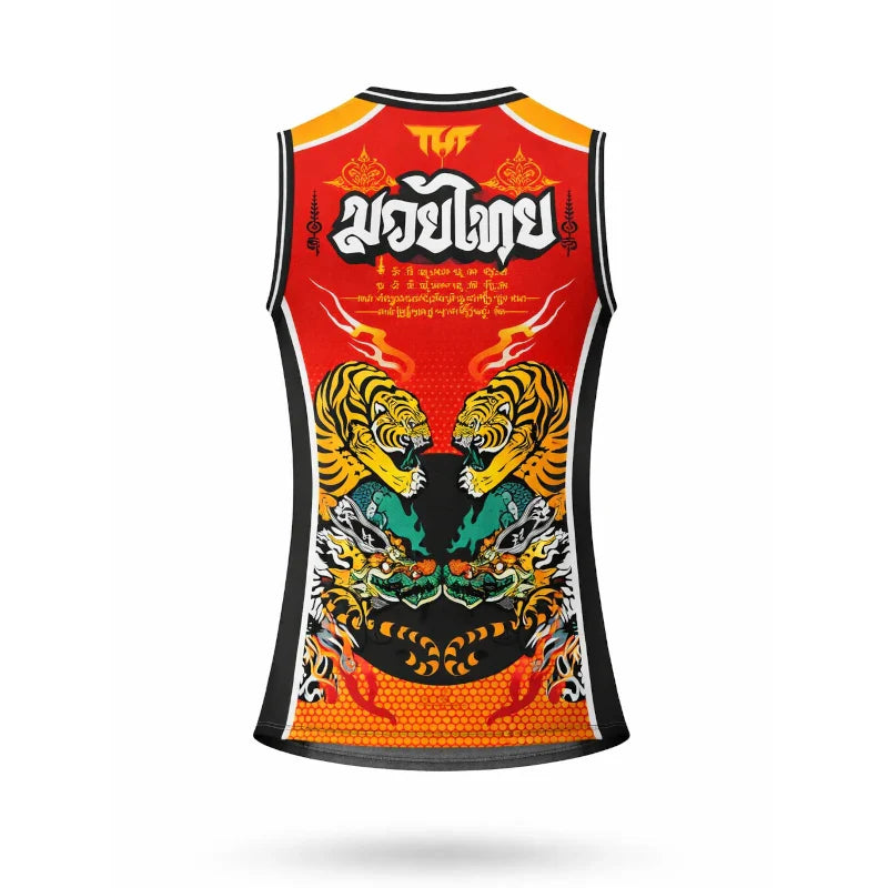 Sleeveless TUFF shirt with tiger design and colorful patterns on a white background