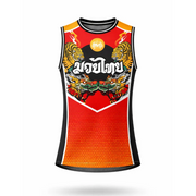 Red and orange sleeveless TUFF Sport shirt with tiger design on a white background