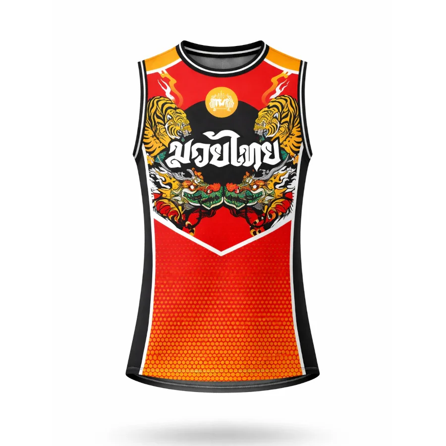 Red and orange sleeveless TUFF Sport shirt with tiger design on a white background