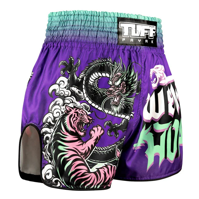 Purple Thai shorts with dragon and tiger design and TUFF PAYAK branding.
