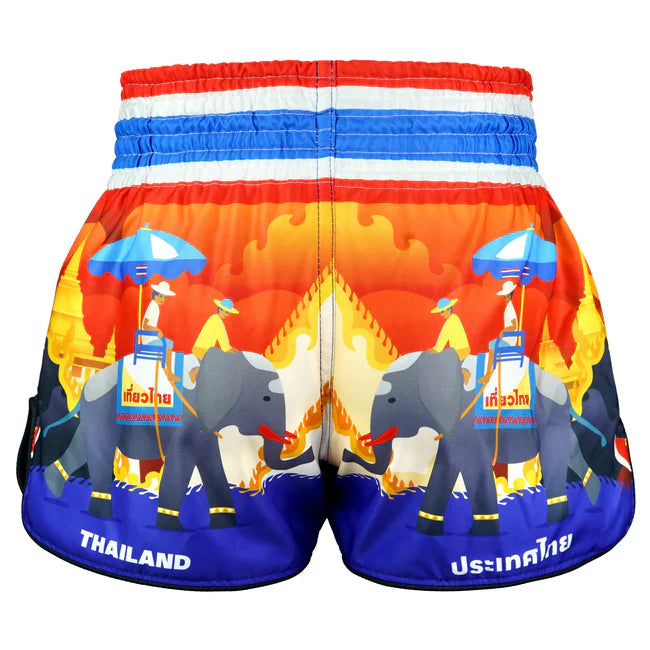 Colourful Muay Thai shorts with elephant and umbrella design on a white background
