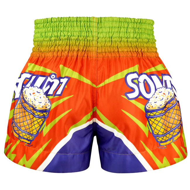 Colourful Thai shorts with rice design and text on a white background