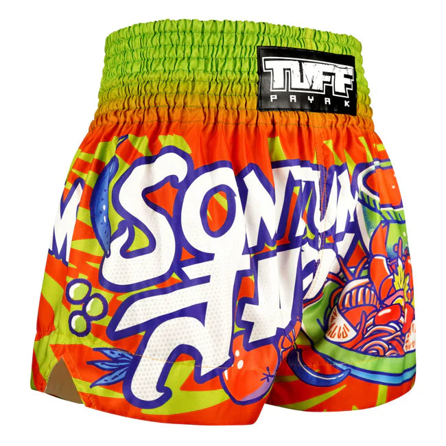 Colourful Thai boxing shorts with 'Sontum' branding on a white background