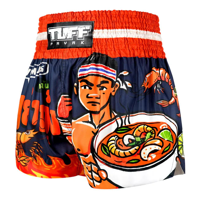 Muay Thai shorts with a design of a person holding a bowl of soup and various seafood, with 'TUFF' branding on the waistband.