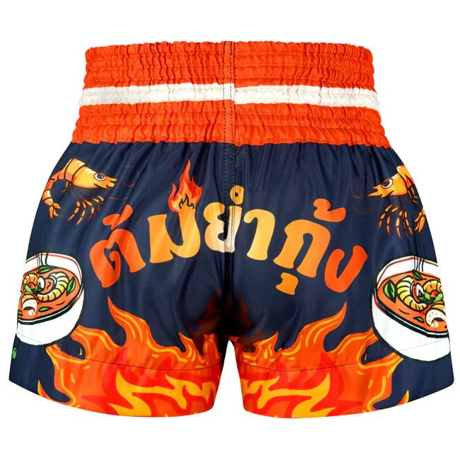 Thai shorts with fiery design and text on a white background