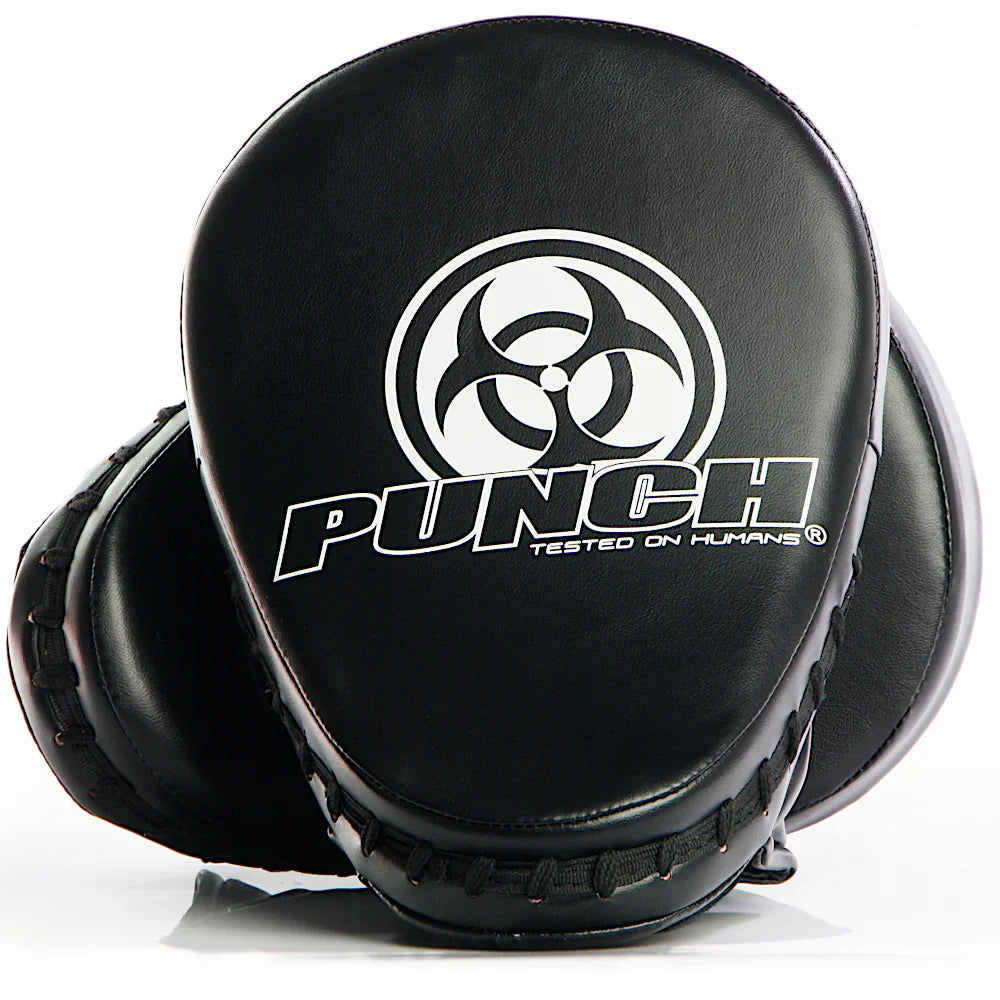 Black boxing focus mitts with 'Punch' logo on a white background