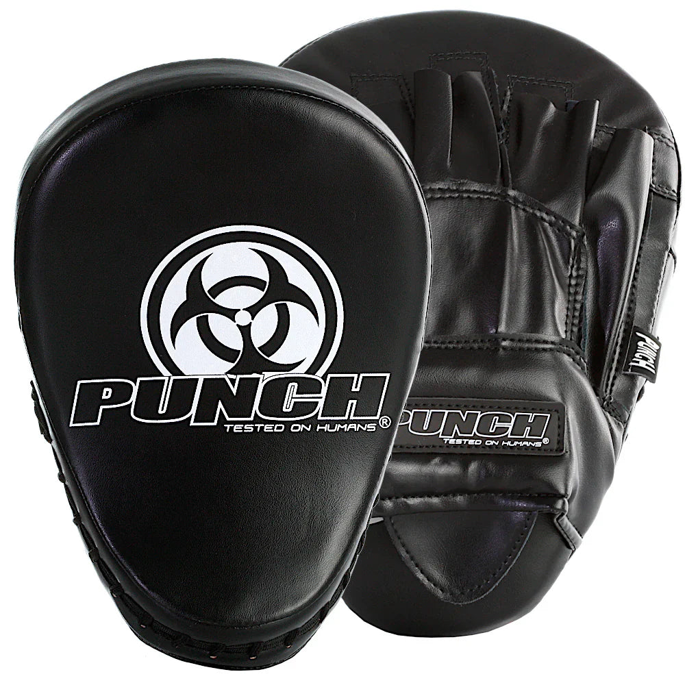 Black Punch boxing focus mitts on a white background