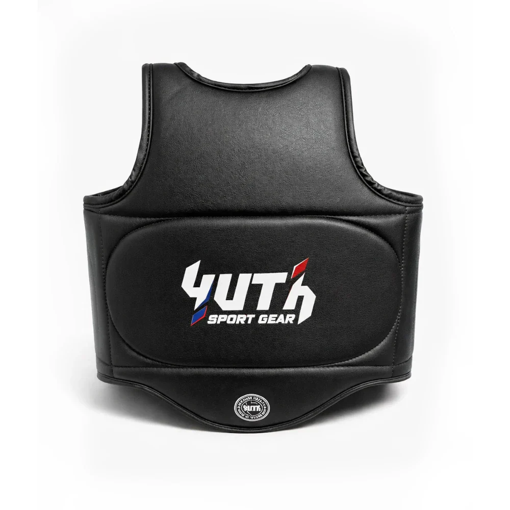 Black Muay Thai protective vest with 'Yuth Sport Gear' logo on a white background