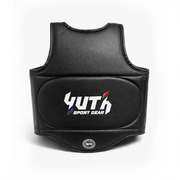 Black Muay Thai protective vest with 'Yuth Sport Gear' logo on a white background