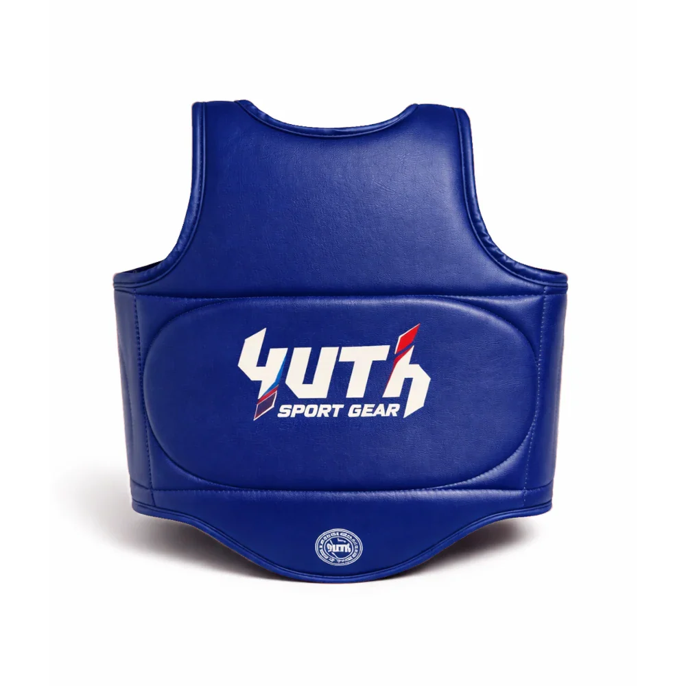 Blue protective Muay Thai vest with 'Yuth Sport Gear' logo on a white background