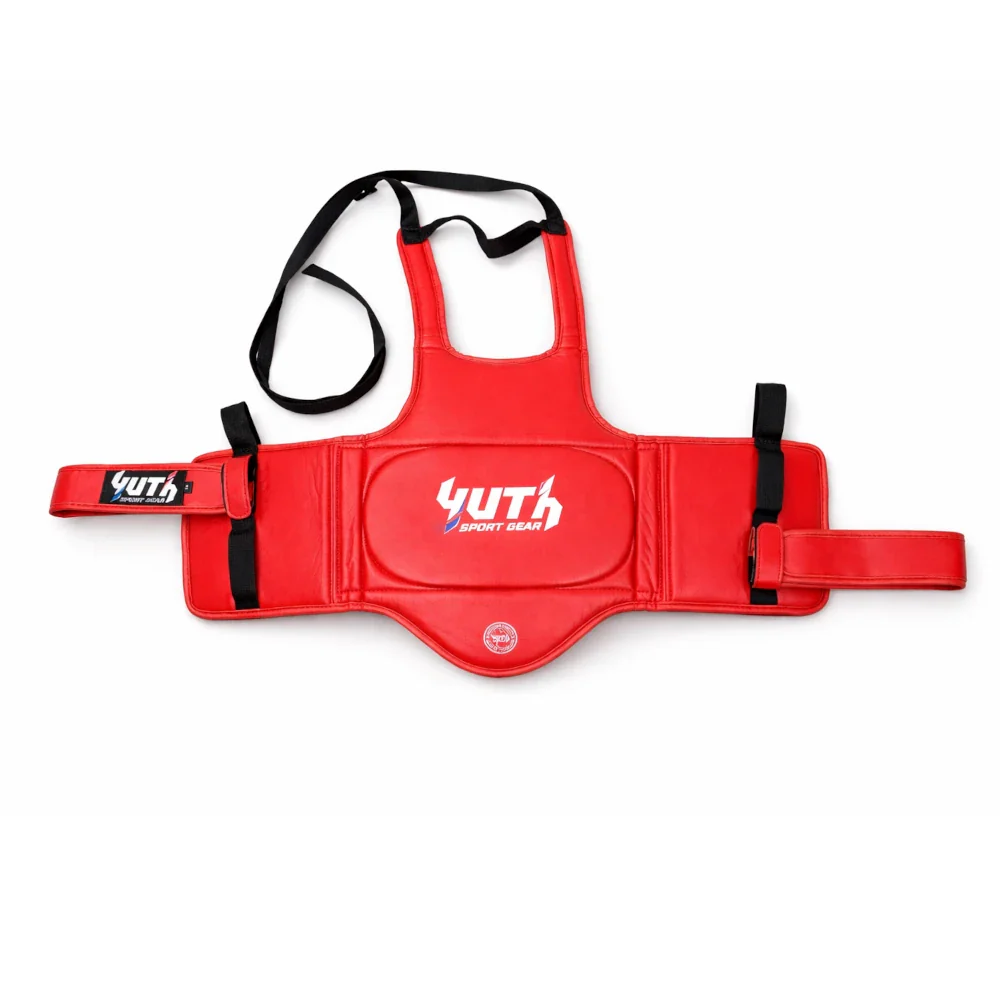 Red protective Muay Thai vest with YUTH branding on a white background