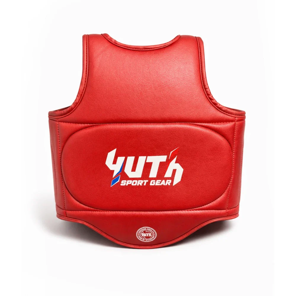Red Muay Thai protective vest with 'Yuth Sport Gear' logo on a white background