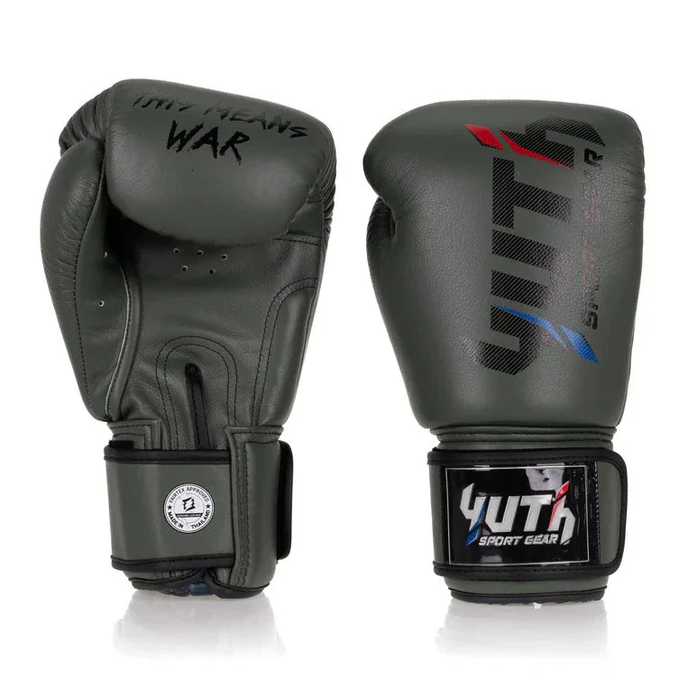 Pair of grey boxing gloves with visible branding on a white background